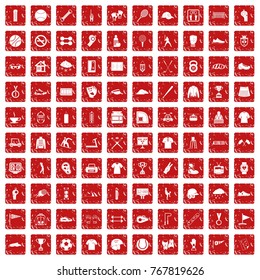 100 sport club icons set in grunge style red color isolated on white background vector illustration