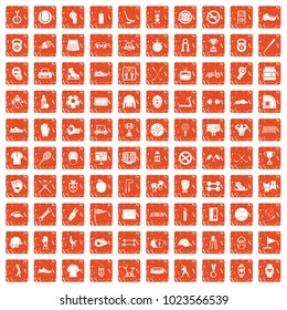 100 sport equipment icons set in grunge style orange color isolated on white background vector illustration