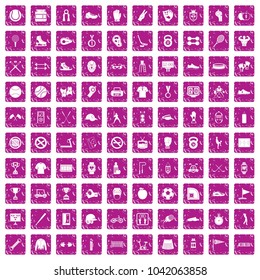 100 sport equipment icons set in grunge style pink color isolated on white background vector illustration