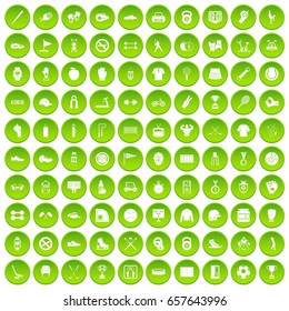 100 sport equipment icons set green circle isolated on white background vector illustration