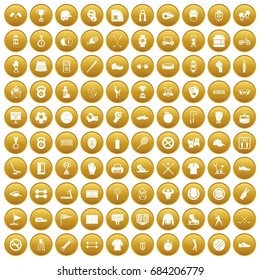 100 sport equipment icons set gold