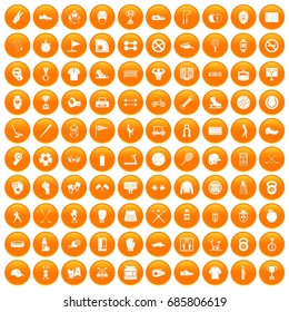 100 sport equipment icons set in orange circle isolated on white vector illustration