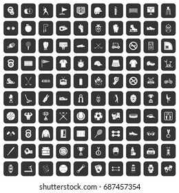 100 sport equipment icons set in black color isolated vector illustration