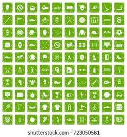 100 sport equipment icons set in grunge style green color isolated on white background vector illustration