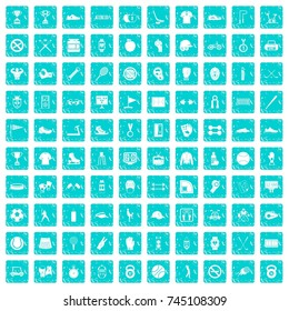 100 sport equipment icons set in grunge style blue color isolated on white background vector illustration