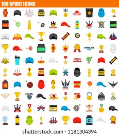 100 sport icon set. Flat set of 100 sport vector icons for web design