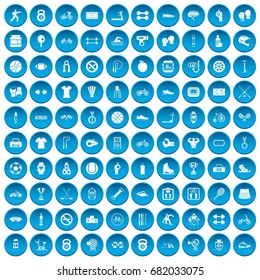 100 sport icons set in blue circle isolated on white vector illustration