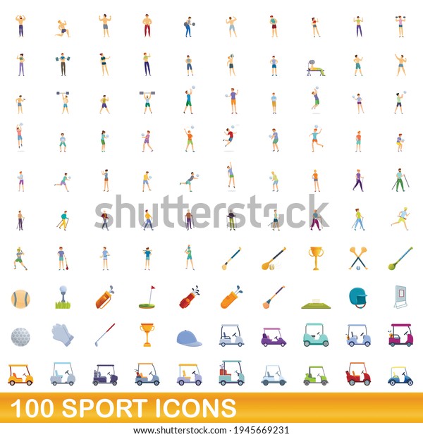 100 sport icons set. Cartoon\
illustration of 100 sport icons vector set isolated on white\
background
