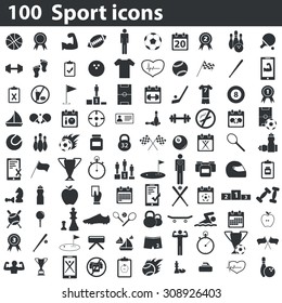 100 sport icons set. Illustration of 100 sports signs - football, baseball and hockey