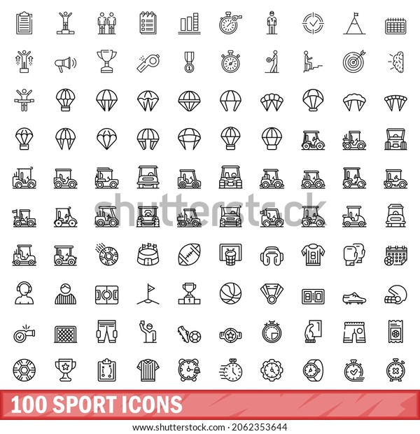 100 sport icons set. Outline\
illustration of 100 sport icons vector set isolated on white\
background