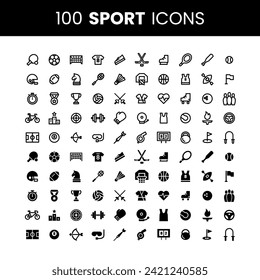 100 Sport Icons. Simple Line Style and Solid Vector. Perfect Illustrations