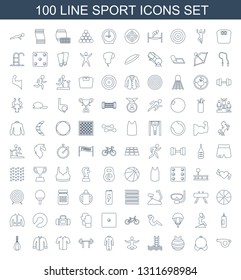 100 sport icons. Trendy sport icons white background. Included line icons such as whistle, bra, fit ball, pool ladder, yoga, jacket, barbell, boxing bag. sport icon for web and mobile.