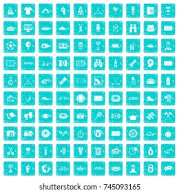 100 sport journalist icons set in grunge style blue color isolated on white background vector illustration
