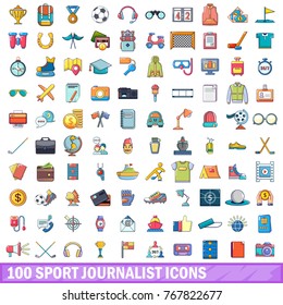 100 sport journalist icons set. Cartoon illustration of 100 sport journalist vector icons isolated on white background