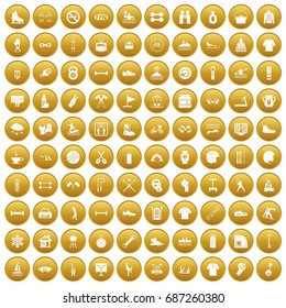 100 sport life icons set in gold circle isolated on white vectr illustration