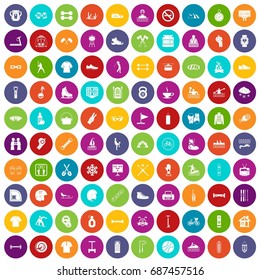 100 sport life icons set in different colors circle isolated vector illustration