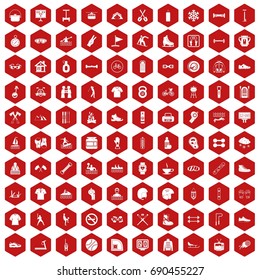 100 sport life icons set in red hexagon isolated vector illustration