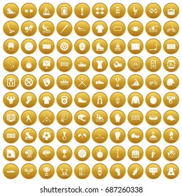 100 sport team icons set in gold circle isolated on white vectr illustration