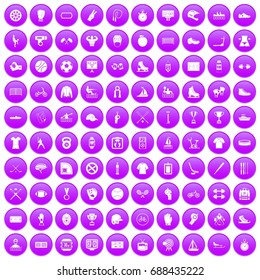 100 sport team icons set in purple circle isolated vector illustration