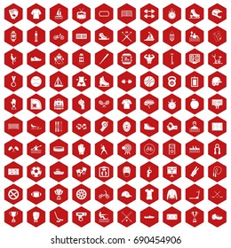 100 sport team icons set in red hexagon isolated vector illustration