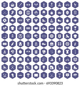 100 sport team icons set in purple hexagon isolated vector illustration