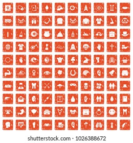 100 spring holidays icons set in grunge style orange color isolated on white background vector illustration