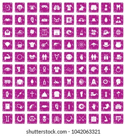 100 spring holidays icons set in grunge style pink color isolated on white background vector illustration
