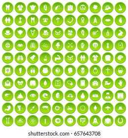 100 spring holidays icons set green circle isolated on white background vector illustration