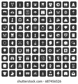 100 spring holidays icons set in black color isolated vector illustration