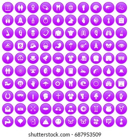 100 spring holidays icons set in purple circle isolated on white vector illustration