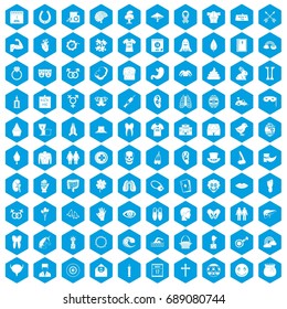 100 spring holidays icons set in blue hexagon isolated vector illustration