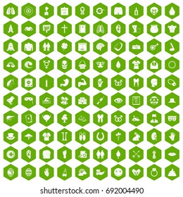 100 spring holidays icons set in green hexagon isolated vector illustration