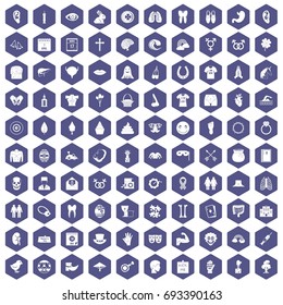 100 spring holidays icons set in purple hexagon isolated vector illustration
