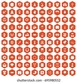 100 spring holidays icons set in orange hexagon isolated vector illustration