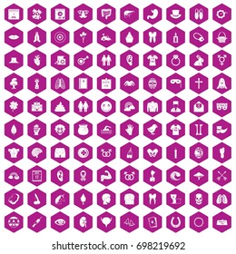 100 spring holidays icons set in violet hexagon isolated vector illustration