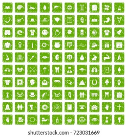 100 spring holidays icons set in grunge style green color isolated on white background vector illustration