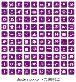 100 spring holidays icons set in grunge style purple color isolated on white background vector illustration