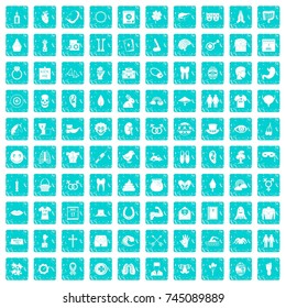 100 spring holidays icons set in grunge style blue color isolated on white background vector illustration