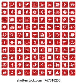 100 spring holidays icons set in grunge style red color isolated on white background vector illustration