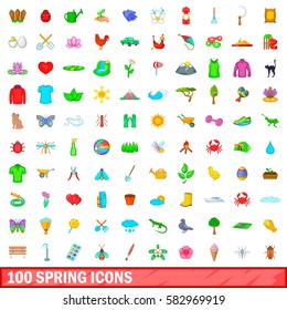 100 spring icons set in cartoon style for any design vector illustration