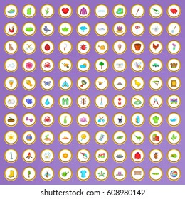 100 spring icons set in cartoon style on purple background vector illustration
