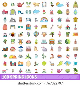 100 spring icons set. Cartoon illustration of 100 spring vector icons isolated on white background