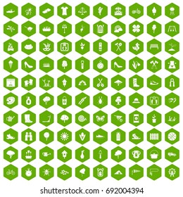 100 spring icons set in green hexagon isolated vector illustration