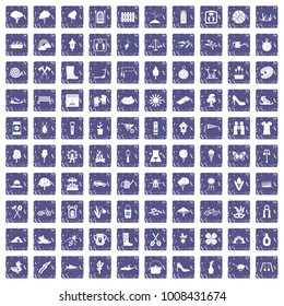 100 spring icons set in grunge style sapphire color isolated on white background vector illustration