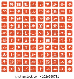 100 spring icons set in grunge style orange color isolated on white background vector illustration