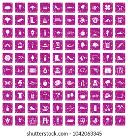 100 spring icons set in grunge style pink color isolated on white background vector illustration