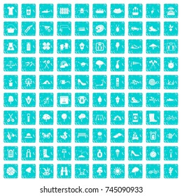 100 spring icons set in grunge style blue color isolated on white background vector illustration