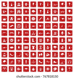 100 spring icons set in grunge style red color isolated on white background vector illustration