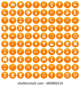 100 spring icons set in orange circle isolated on white vector illustration