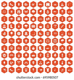 100 spring icons set in orange hexagon isolated vector illustration
